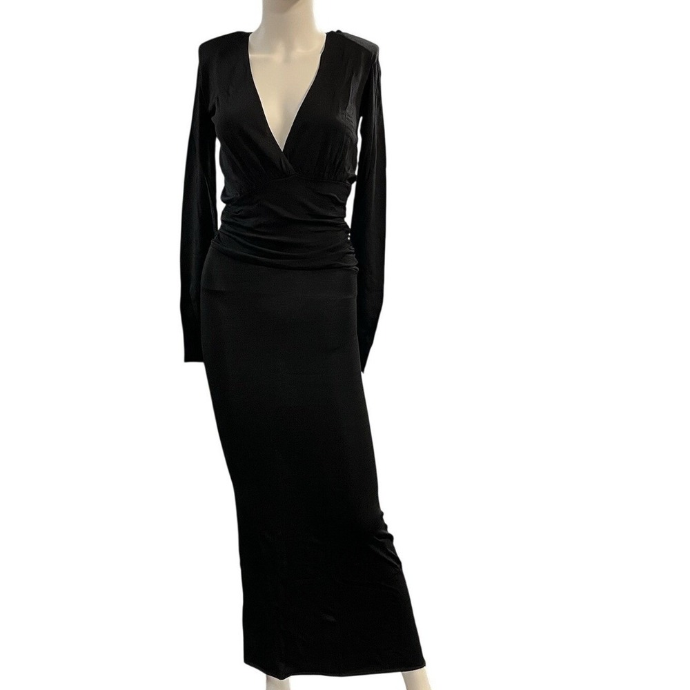 Zara Dress BlackRibbed Knit Bodycon Maxi Deep V Neck S Event Gala Cocktail